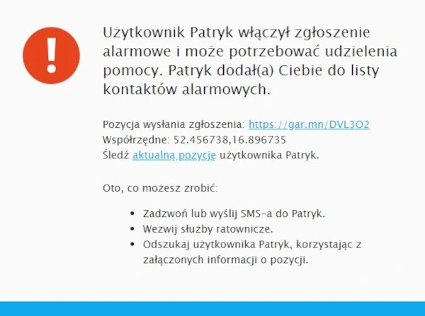 Przykładowe powiadomienie z Garmin Connect po zajściu zdarzenia