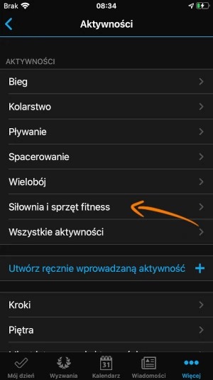 Zakładka Siłownia i sprzęt fitness w Garmin Connect