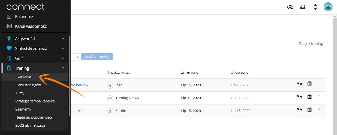 Utworzenie treningu w programie Garmin Connect