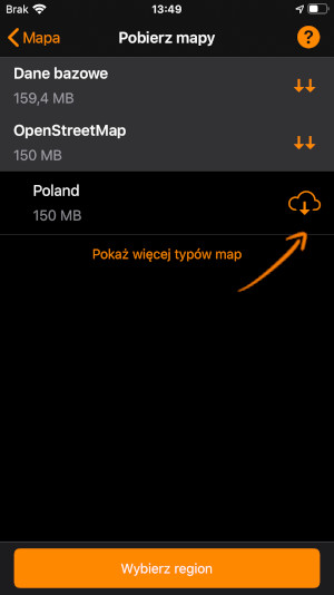 Wybranie regionu w aplikacji Garmin Explore
