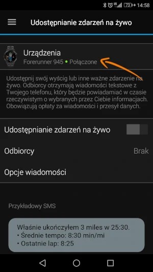 Wybór urządzenia w aplikacji Garmin Connect