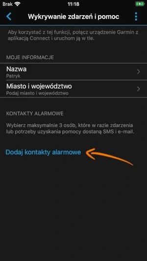 Dodawanie kontaktów alarmowych w Garmin Connect