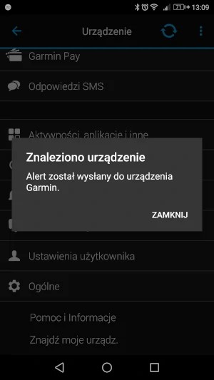Alert o wysłaniu powiadomienia do zegarka Garmin 