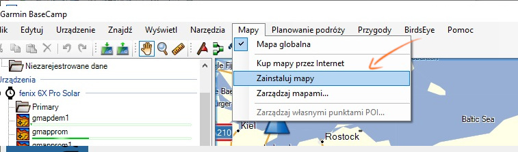 Opcja Mapy w Garmin BazeCamp