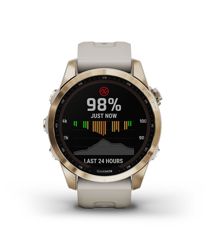 Cechy Garmin Fenix 7s Sapphire Solar Ciemnobrązowy tytan z szarym paskiem [010-02539-29]