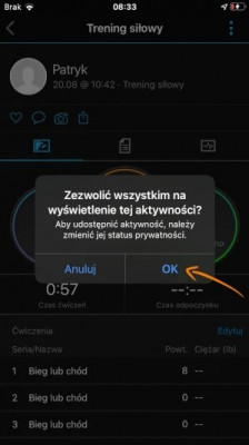 Potwierdzenie udostępnienia aktywności w Garmin Connect