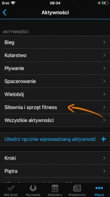 Zakładka Siłownia i sprzęt fitness w Garmin Connect