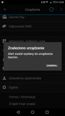 Alert o wysłaniu powiadomienia do zegarka Garmin 